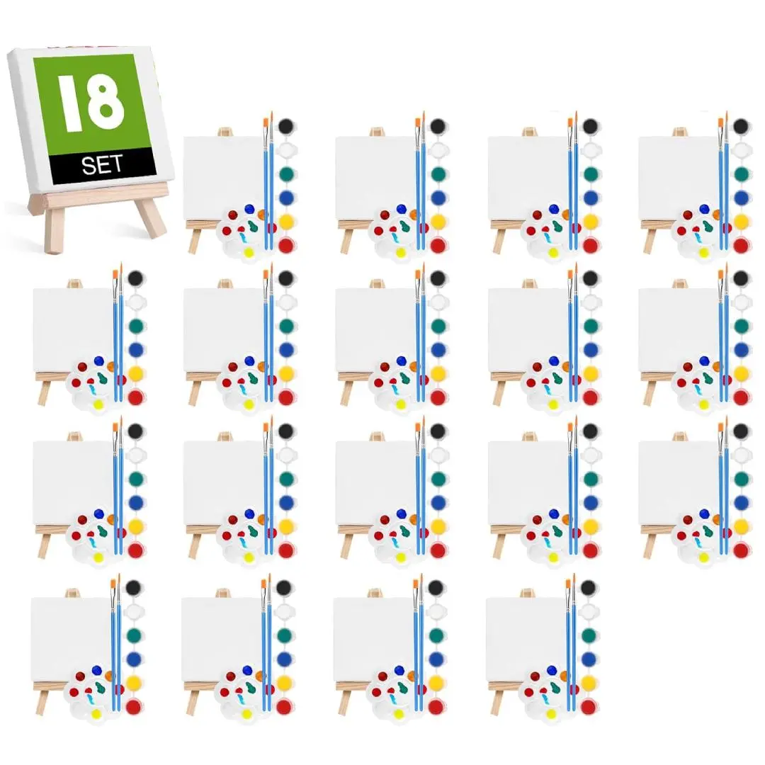 18 Set Mini Acrylic Paint Kit,Mini Stretched Canvas with Easel,Acrylic Paint Strips,Palettes,Painting Brushes,Mini Canvas and Easel Set for Younger Artists Beginner,Gifts,DIY Hand Tools Kits
