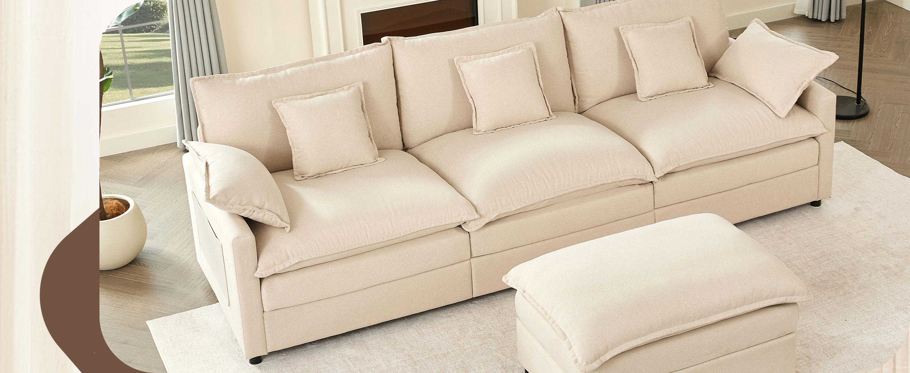 【2 Packages Shipping】GOSUHI 108" U-Shaped Modular Sectional Sofa - Comfy Cloud 3-Seater with 2 Movable Ottoman, Cloud Sofa,Deep Seat Linen Couch for Living Room, Beige Color ,Comfort & Stylish Design,Chenille pink