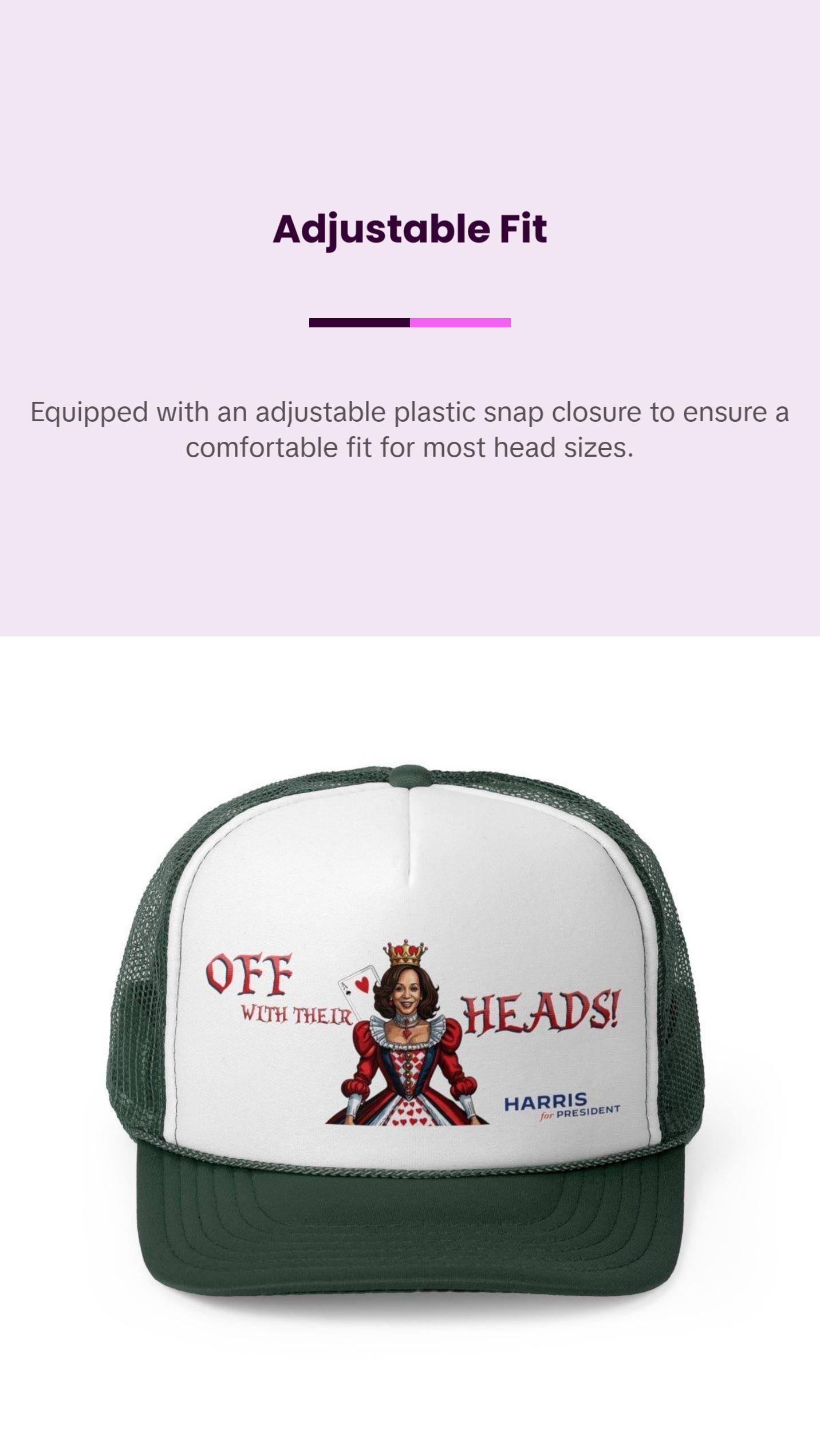 Kamala Harris "Off With Their Heads!" Queen of Hearts Trucker Hat - Playful Political Statement Cap