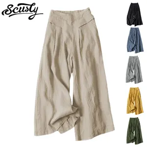 SCUSTY Women's Solid Color Cotton Linen Wide Leg Pants Elastic Waist Culottes Capri Trousers with Side Pockets
