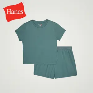 Hanes Originals Women's 2-Piece Lounge Set RIBBED SuperSoft Cropped Baby Doll Tee & Sleep Shorts Loungewear Comfort Pajama Womenswear Hanes Originals Women's 2-Piece Lounge Set RIBBED SuperSoft Cropped Baby Doll Tee & Sleep Shorts Loungewear Comfort Pajama Womenswear