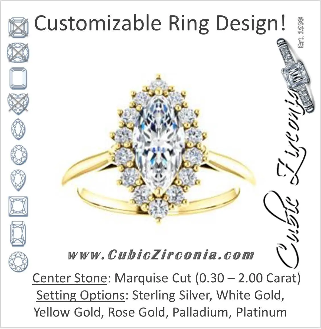Cubic Zirconia Engagement Ring- The Kirsten (Customizable Marquise Cut with Large Cluster-Accent Crown-Supported Halo)
