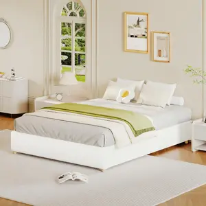 Queen Size Cloud Bed Frame，Corduroy Low Bed Frame Without Headboard,Thick Fabric Upholstered Platform Bed,Solid Wood Legs, No Box Spring Needed,White