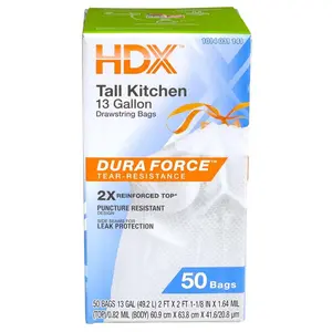 HDX 13 Gallon Reinforced Top Drawstring Unscented Kitchen Trash Bags with 20% PCR (50-Count)