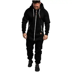 New Men's Hooded Fleece Jumpsuit Solid Color Block Casual Men's Outfit Set Jumpsuit Pants Menswear Overalls Formal Beige Pocket Long Sleeve