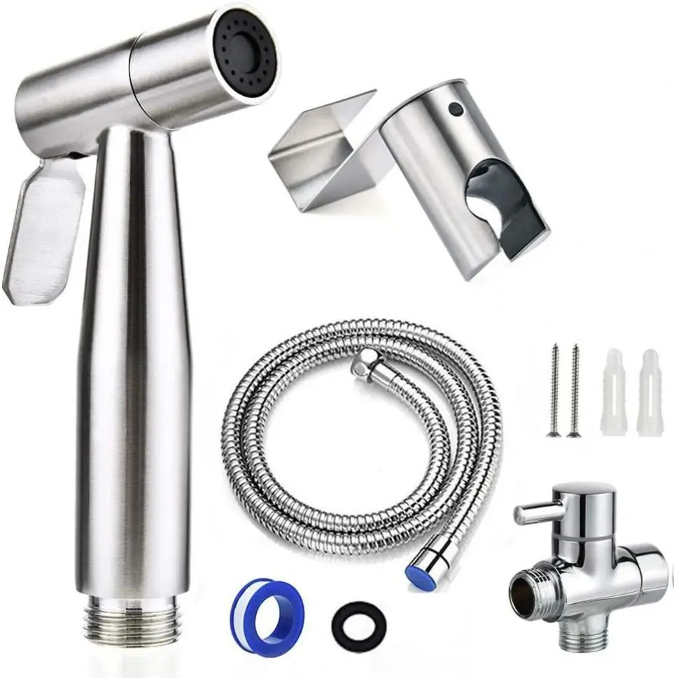 Stainless Steel Handheld Bidet Sprayer Complete Kit - Pressurized Nozzle, Adjustable Flow Faucet, 7/8" Hose & T-Valve Adapter, Wall Mount, Rubber Rings, Teflon Tape, G 1/2 Outlet, Round Design for Postpartum Care, Bathroom Cleaning, Bidet Attachment, Inst