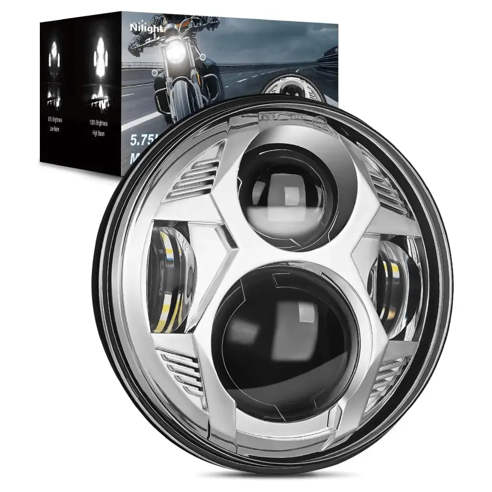 Nilight Chrome LED Motorcycle Headlights - 5.75in LED Lights, 2000lm, DOT-Approved, Water Resistant, Anti-Flicker, Aluminium Alloy, Direct Fit 3-Prong Plugs, Easy Install with Installation Instruction for Low Rider, Sportster Models, Night Train