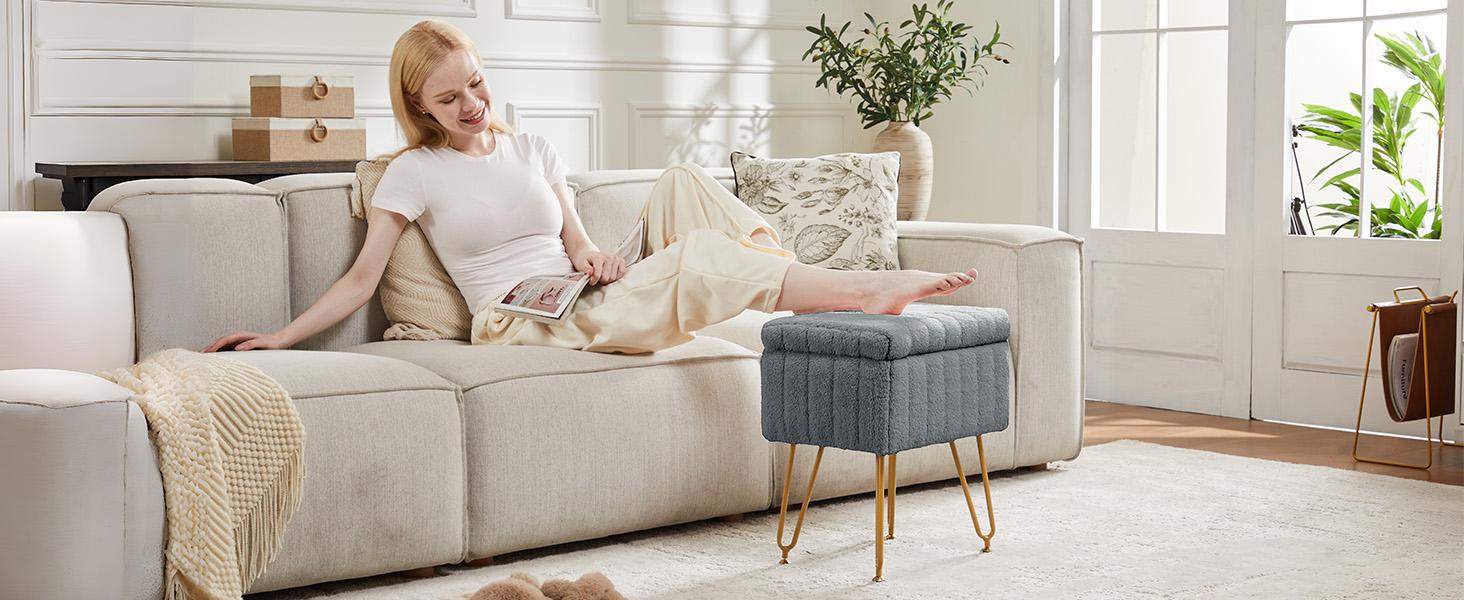 HomeSquad Vanity Stool Chair with Storage, Ottoman Faux Fur Soft Padded Makeup Footstools Seat with 4 Metal Legs Anti-Slip Adjustable Feet Modern Cute Small Footrest for Home Entryway Bedroom