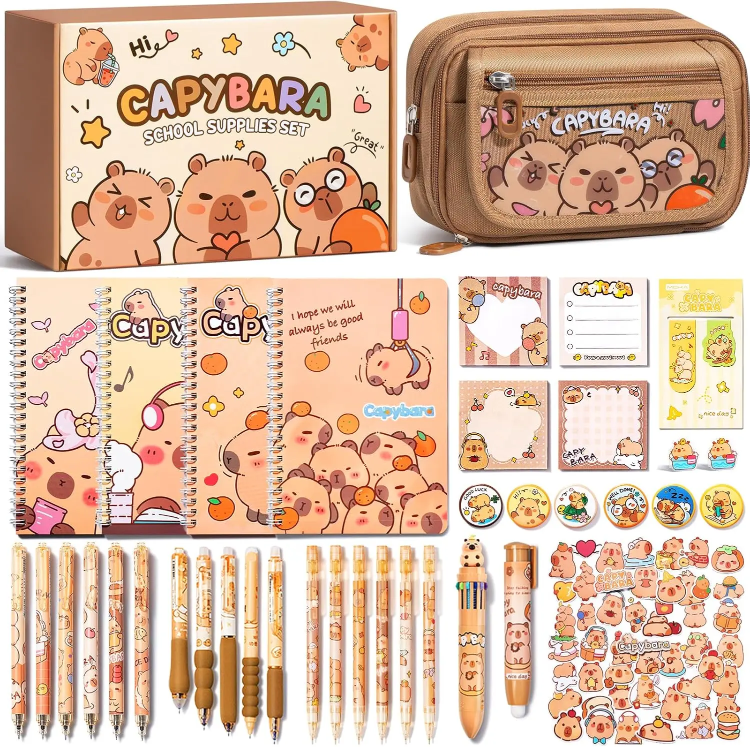 36PCS Lightweight Adorable Capybara Stationery Set - Kawaii College School Supplies, Back to School Stuff with Pencil Case, Gel Pens, Mechanical Pencils, Stickers, Pins, Notebooks, Sticky Notes - Office Accessories, Teen Girl Gifts,back to school shopping