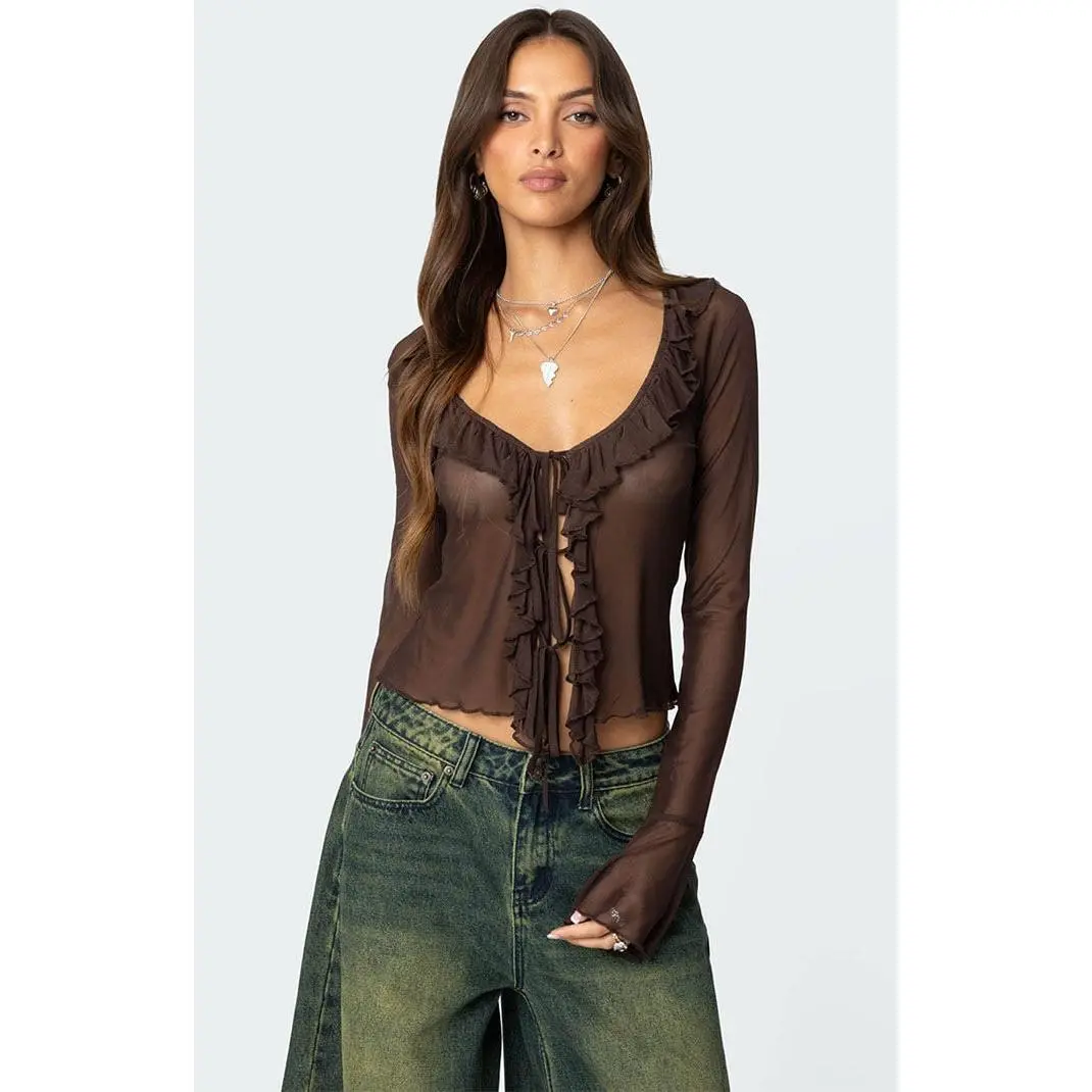 Edikted Women's Sheer Mesh Ruffled Top
