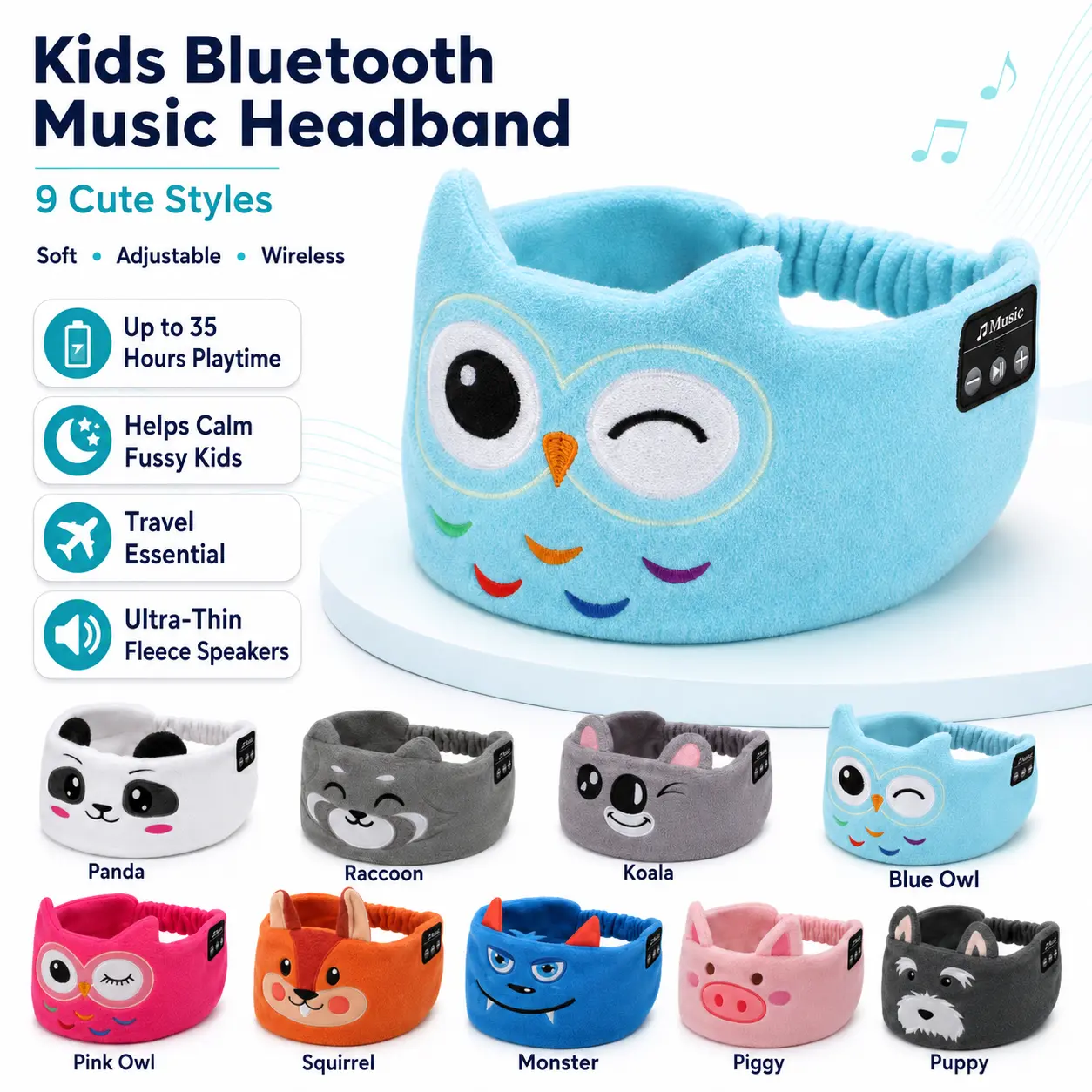 Kids Bluetooth Headband Portable Audio Headphones - Plush Fleece Soft Headset with Ultra-Thin Speakers, 35H Playtime, Adjustable, Multi-Device Compatibility, Reduced Leak Audios for Boys & Girls, Travel Ready