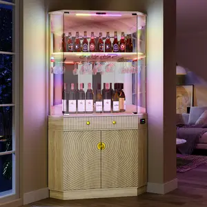 Dystler 71" Tall Corner Bar Cabinet with App Control & Motion Sensor LED, Modern Liquor Display Cabinet with Mirror Back & Glass Doors, Corner Wine Rack Tower with Textured Storage