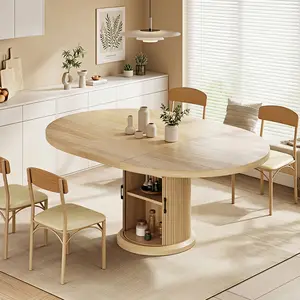 Jocoevol 47″–63″ Extendable Round Kitchen Dining Room Table for 4-6 with 2-Tier Storage Shelf Dust-Proof, Space Saving Expandable Wood Oval Circle Dinner Furniture with Pedestal Base (Natural Oka)