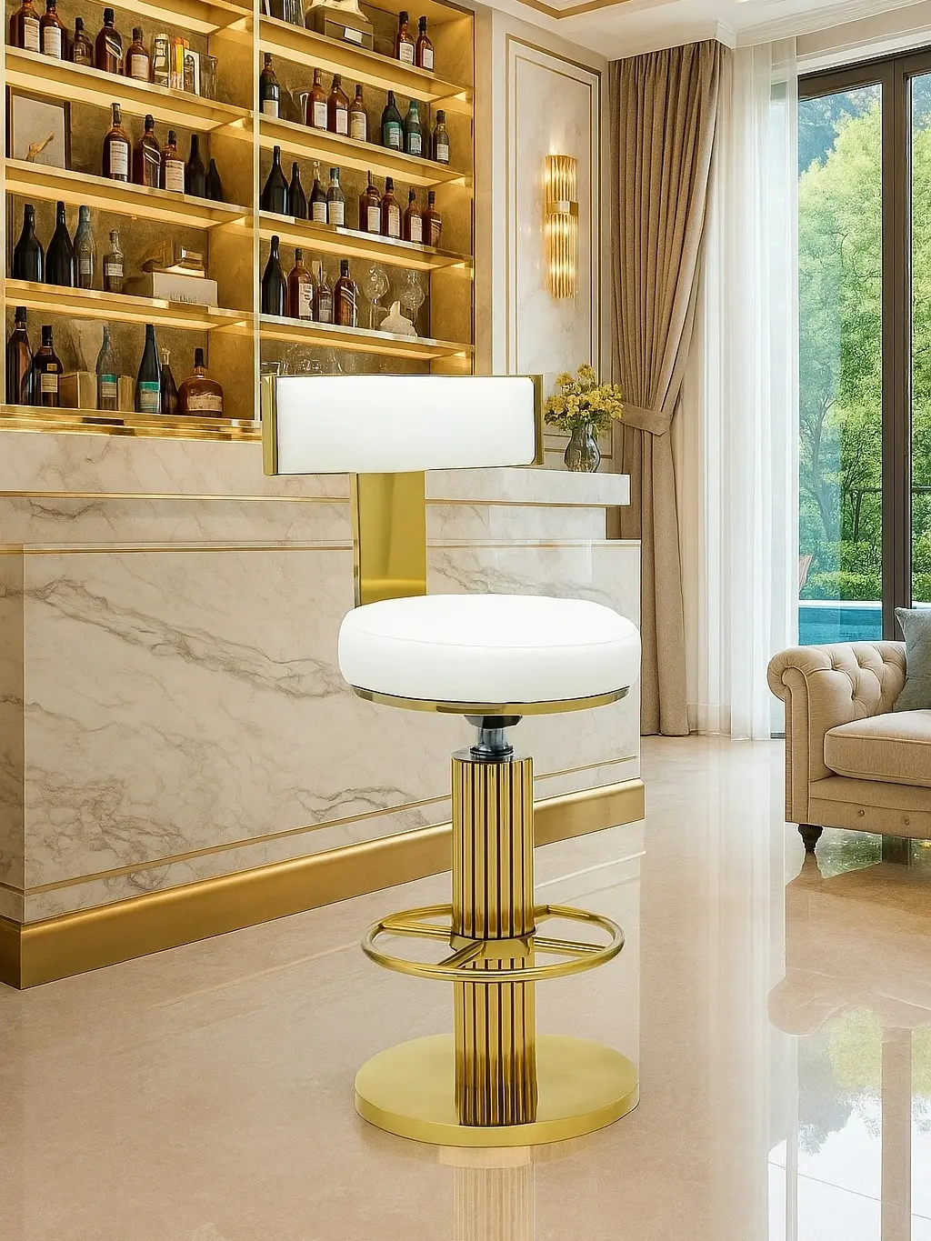 Luxury Gold Swivel Bar Stool with Adjustable Lift – Genuine Leather Seat