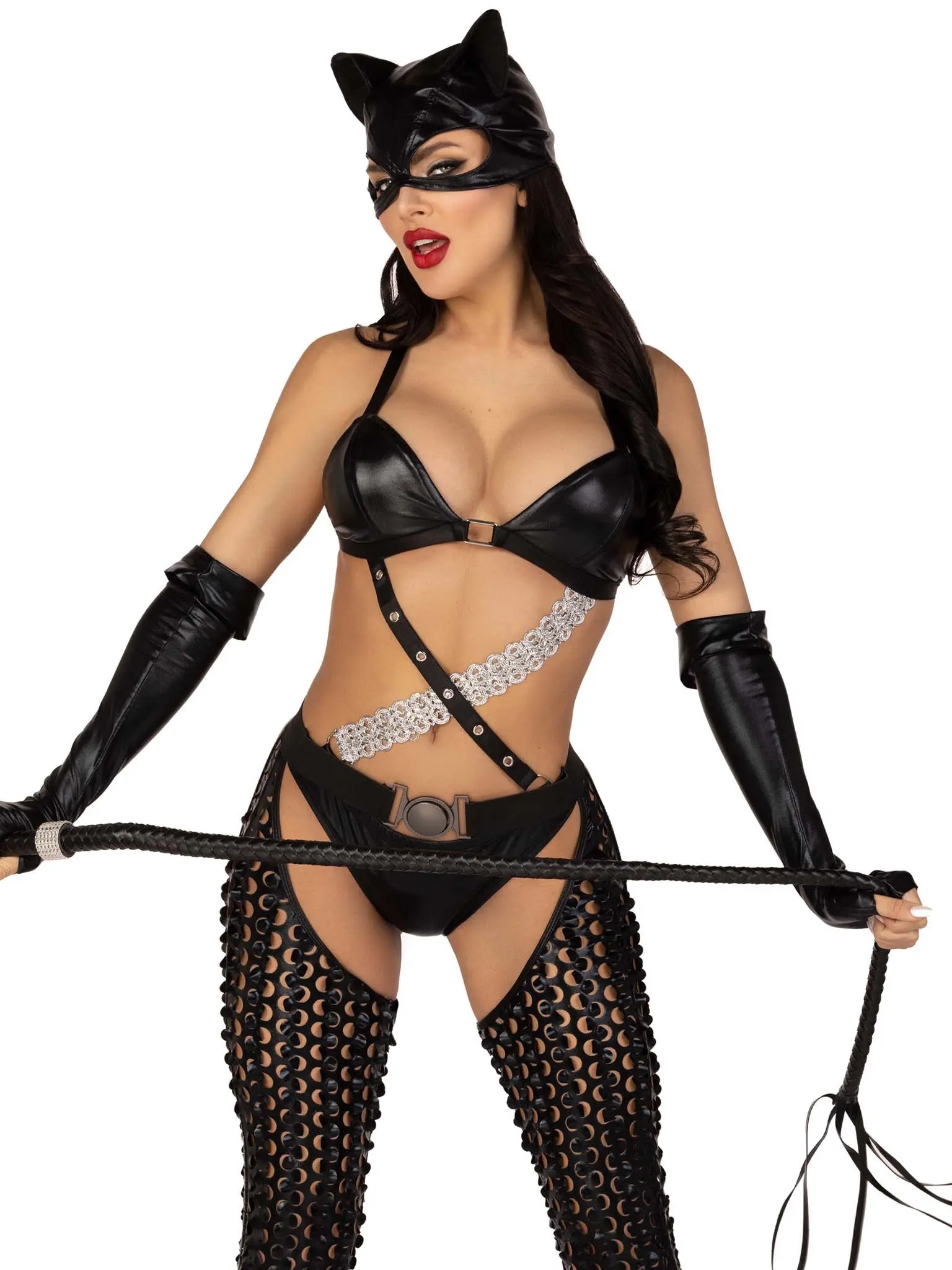 Leg Avenue Mistress Kitty Costume, Women's Sexy 3-Piece Comic Style Halloween Outfit with Cut-Out Bodysuit, Chaps, Gloves & Cat Ear Cap, Bikini, Clothes, Bra, Accessories, Bottoms, Top, Strappy, Cute, Party, Padded, Ruched, Skull, Sexy Outfit