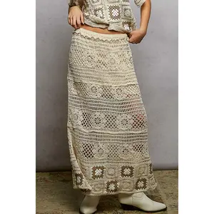 POL Floral Crochet Ruffled Waist Maxi Womens Skirt Granny Square Weave