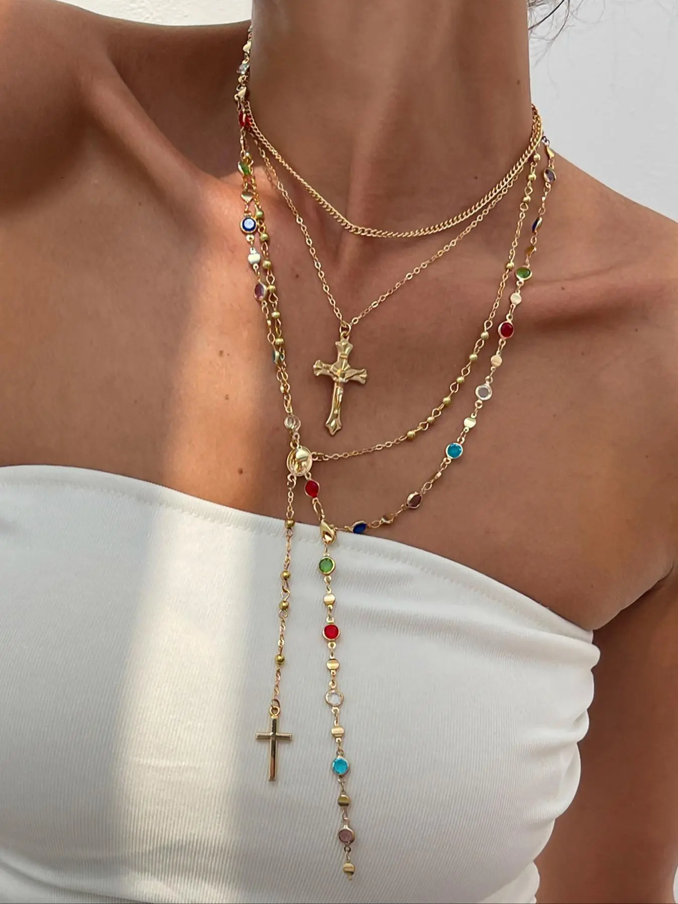 4 Piece Set Vintage Metal Jesus Cross Y-Style Long Necklace, Chain Necklaces, Stackable Necklace, Faith Style Necklaces, Bohemian Style Colorful Crystal Glitter Religious Cross Design Pendant Jewelry, Gift for Women