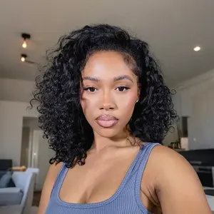 Deep Curly Half Wig 3 In 1 Wear and Go Wigs for Women Short Shoulder Length Black Wig for Women Curly Half Wigs with Headbands Attached Daily Use protective hairstyle