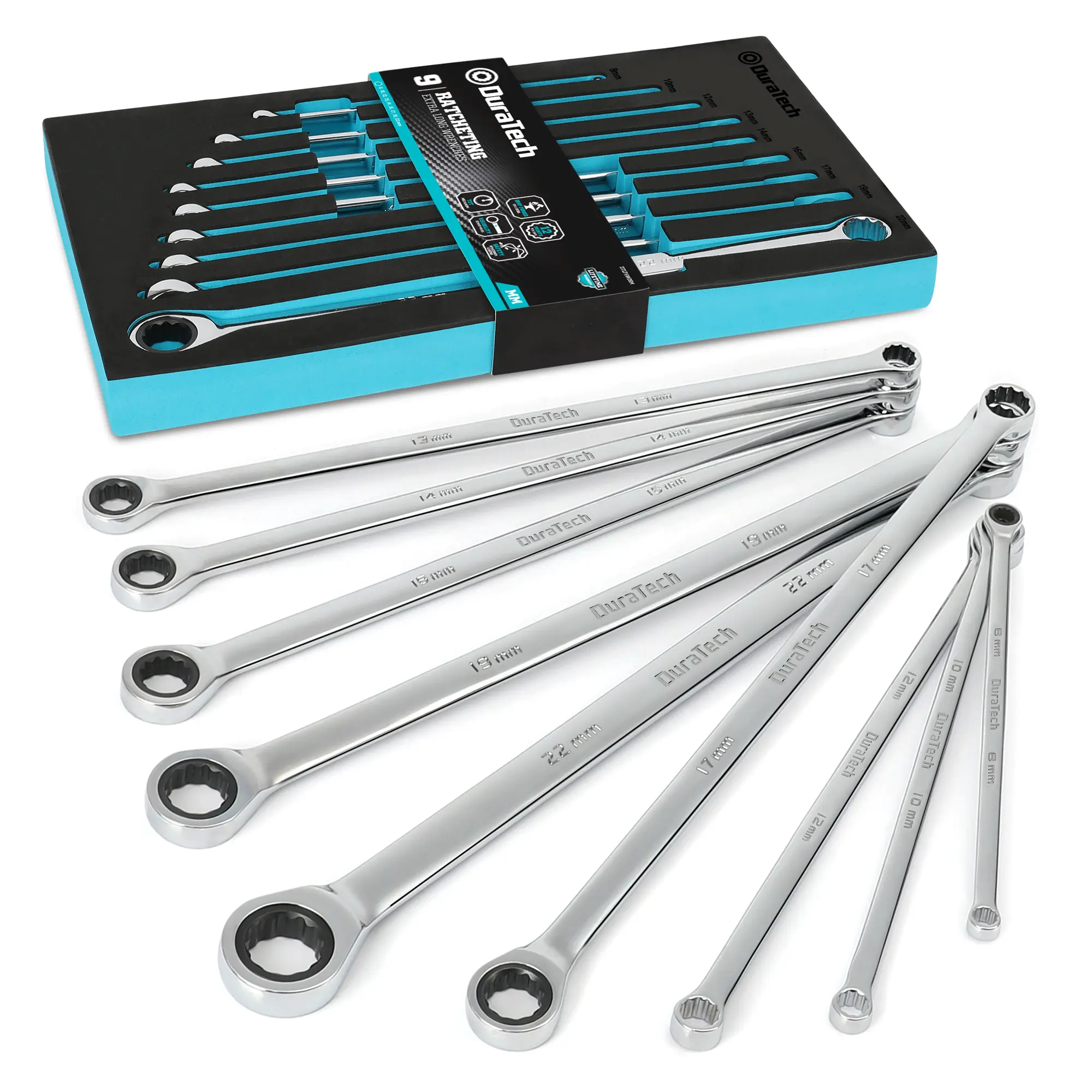 #SpringGlowUp DURATECH Extra Long Ratcheting Wrench Set, Double Box End Wrench Set, Metric, 9-Count, 8,10,12,13,14,16,17,19,22 mm, CR-V Steel, with EVA Foam Tool Organizer