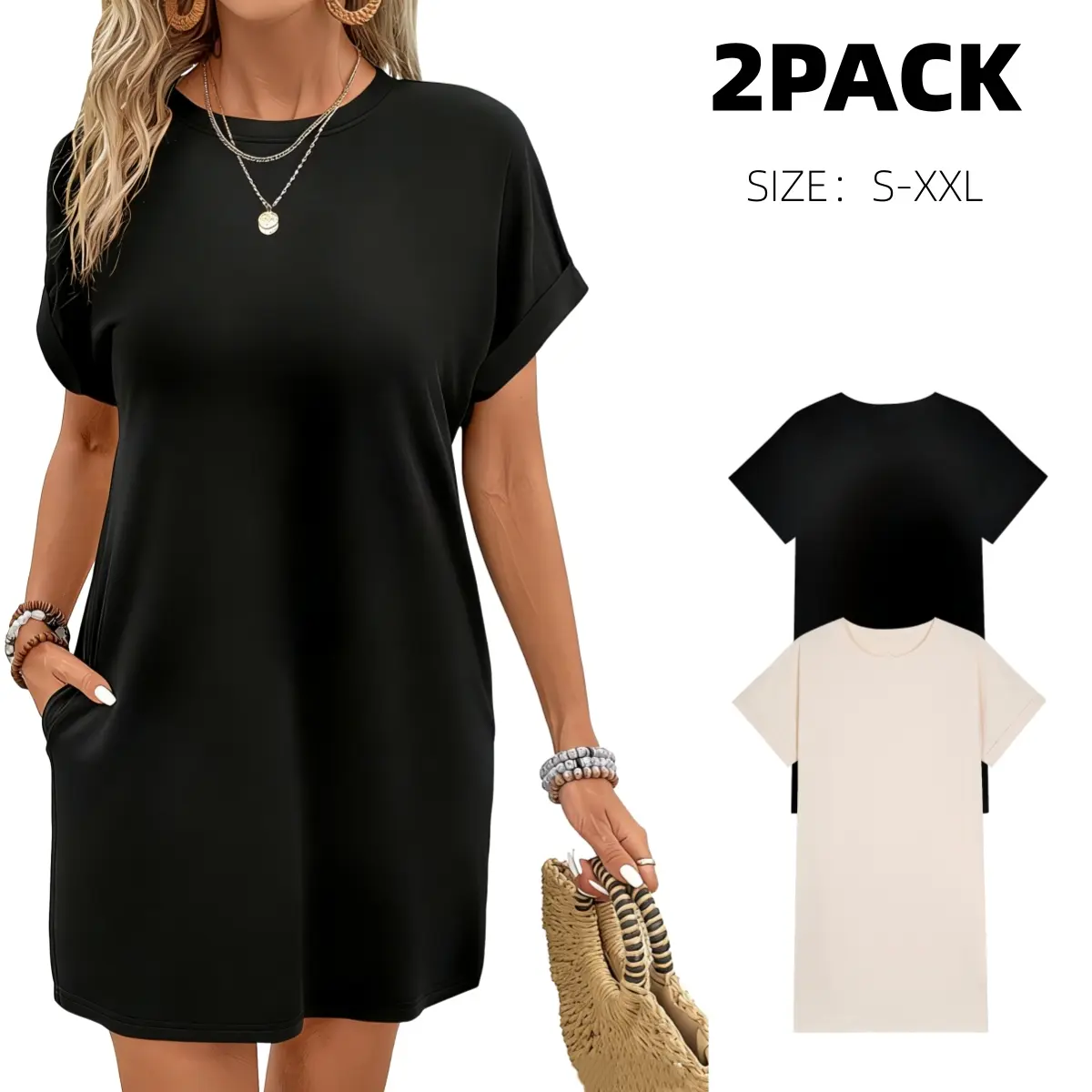 Two-piece short-sleeved T-shirt dress with pockets – casual loose fit, women's