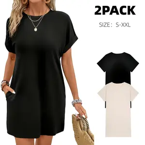 Two-piece short-sleeved T-shirt dress with pockets – casual loose fit, women's