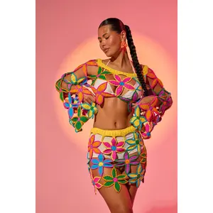 FLORAL FIELDS CROCHET OFF THE SHOULDER SWEATER