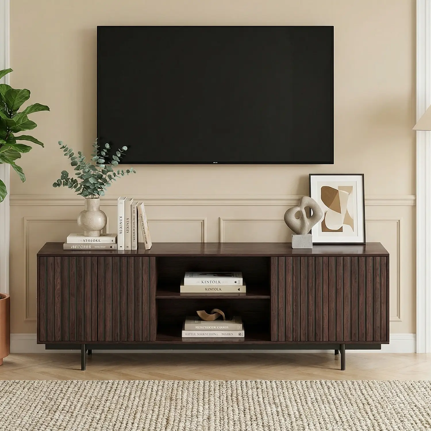 Mid Century Modern Fluted TV Stand for TVs Up to 75", 63" Retro Wood Entertainment Center with Pop-Up Doors & Open Shelf Storage for Living Room or Bedroom, Tv Stand Living Room, Entertainment Tv Stand