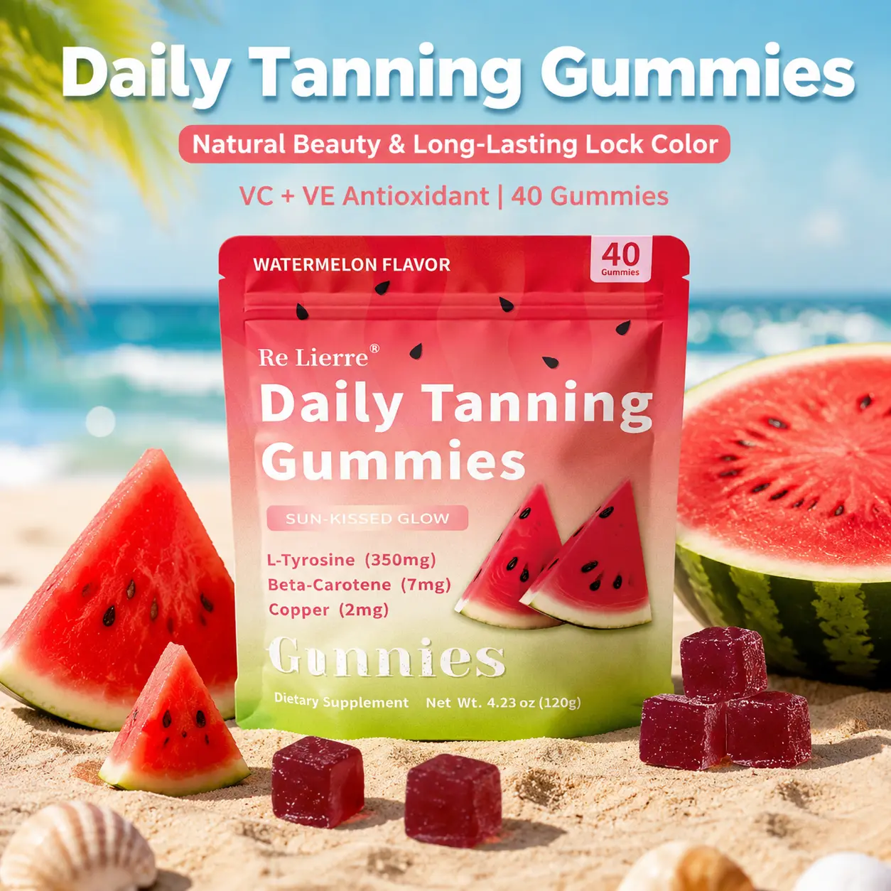 RE LIERRE Daily Tanning Gummies | Watermelon Sun-Kissed Glow Gummies with L-Tyrosine, Beta-Carotene & Copper | Vegan, Non-GMO, 40 Count.