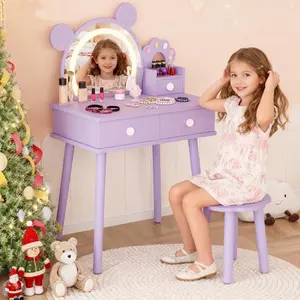 Garvee Children's Changing Table with Lights, Cute Bear-Shaped Makeup Desk with Mirror and Storage Drawers, Wooden Princess Makeup Table Set