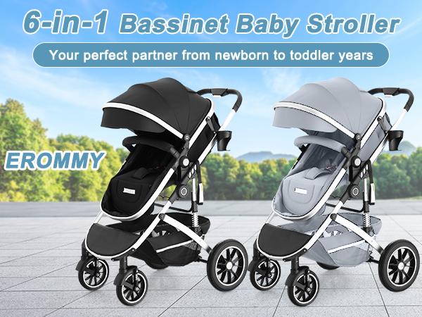 EROMMY 6-in-1 Baby Stroller with Bassinet, Convertible Infant Stroller with Adjustable Backrest & Canopy, Foldable Pushchair with Reversible Seat and Cover for Newborn 0-36 Months (Gray, Black)