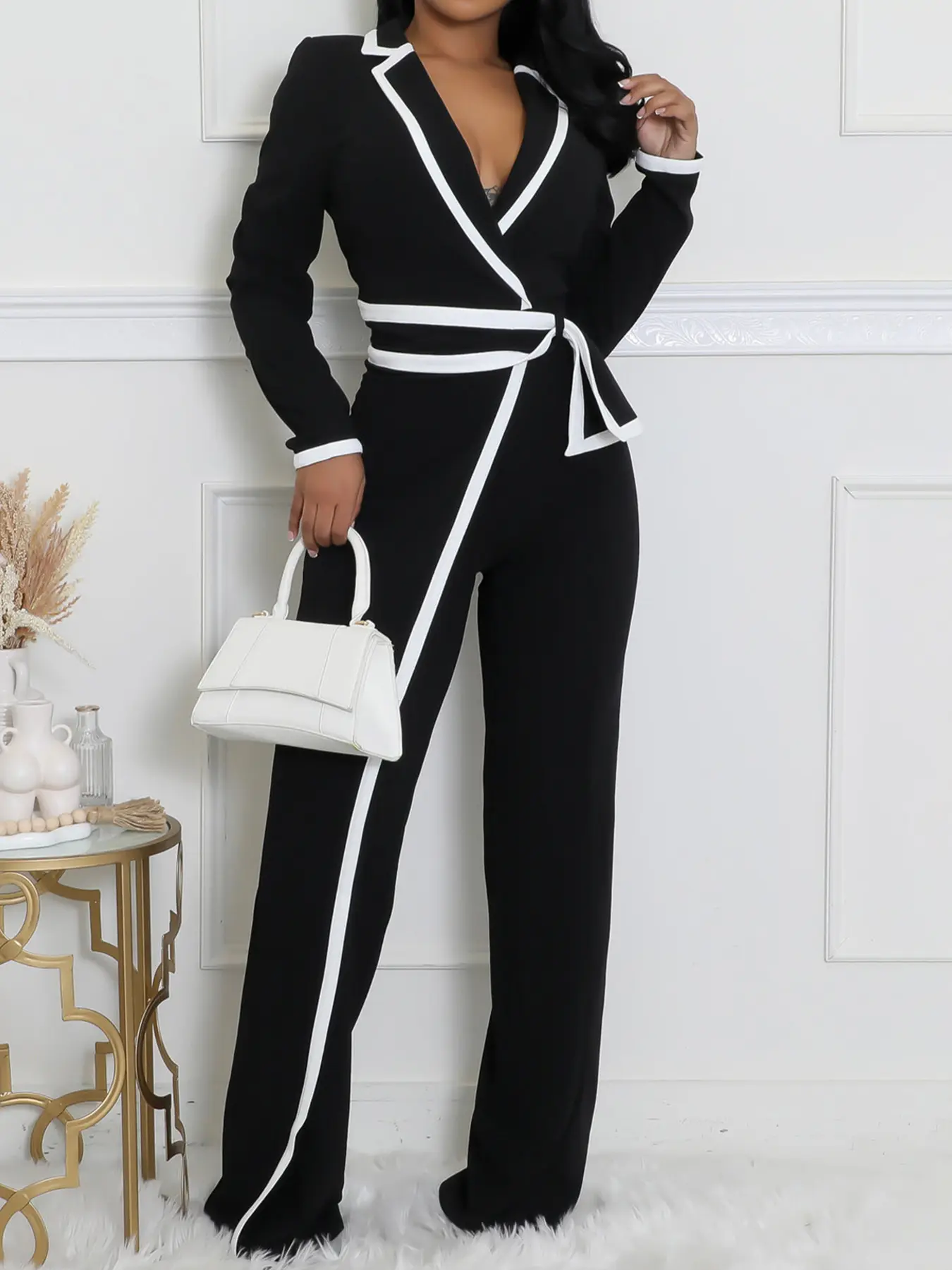 Women's Patchwork Print Belted Adjustable Overalls Jumpsuit, Elegant Chic Fitted Knit Long Sleeve Jumpsuit for Work Office Business, Ladies Womenswear Fall & Winter Clothes Piece