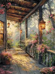 Rustic Forest Porch Diamond Painting Kit, 5D DIY Serene Scene with Glowing Lanterns & Flowers, Cozy Landscape Craft Perfect for Cottage Home Wall Decor