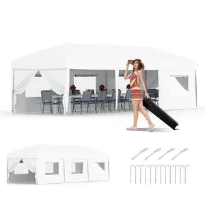 Gaomon 10x30 Heavy-Duty Pop Up Canopy Tent with 8 Sidewalls, Portable Roller Bag, 3 Adjustable Heights, Weight Bags, Stakes, 6 Guy Ropes & Heavy-Duty Frame, White