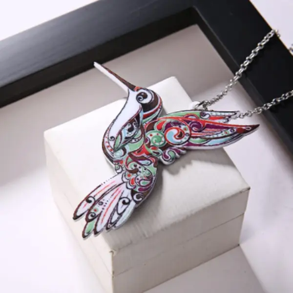 Colorful Acrylic Hummingbird Charm Pendant Necklace w/ Chain Bird Theme