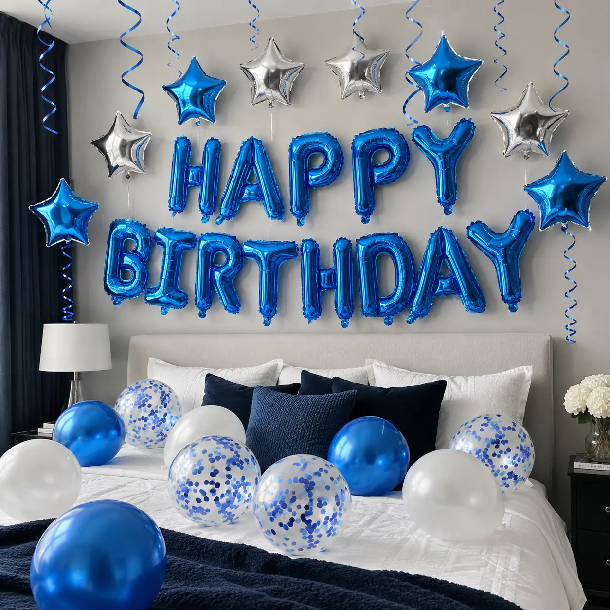 55PCS Blue Silver Birthday Decorations Set, Happy Birthday Foil Balloons, Blue Silver Star Balloons, Latex Balloons, Confetti Balloons, Hanging Swirls, Ribbon & Glue Dots for Birthday Party Decor