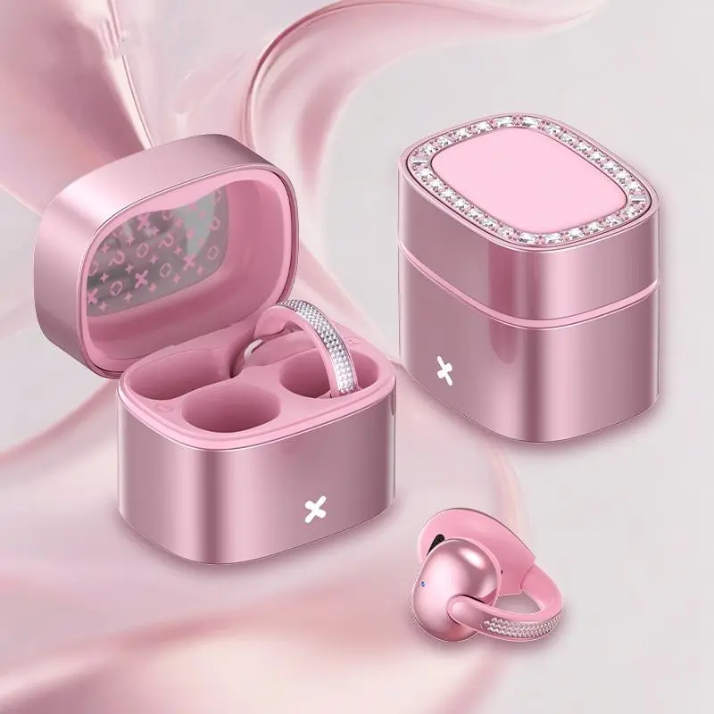 C05 Clip-On Open-Ear Air Conduction Headphones - Bluetooth 6.0 Wireless Audio Gadget, Luxury Pink Diamond Jewelry Design, Lightweight Comfortable Fit, Mobile Compatible, Women's Personal Wearable Tech, Gifts for Women, Gadgets for Girls, Bluetooth Headpho