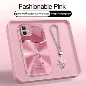 Suitable for [iPhone 12] high-end women's phone case🤩，a free four-leaf clover lanyard is included, with 26 letters of the alphabet to choose from，auspicious cloud patterns bring you good luck YM99
