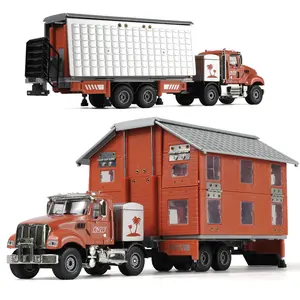 1/50 Scale RV Camper Truck with Mobile Home Trailer Die-Cast Alloy Model – Heavy Transport Tractor with Full Trailer Set, Collectible Metal Vehicle Gift for Adults and Kids Red White
