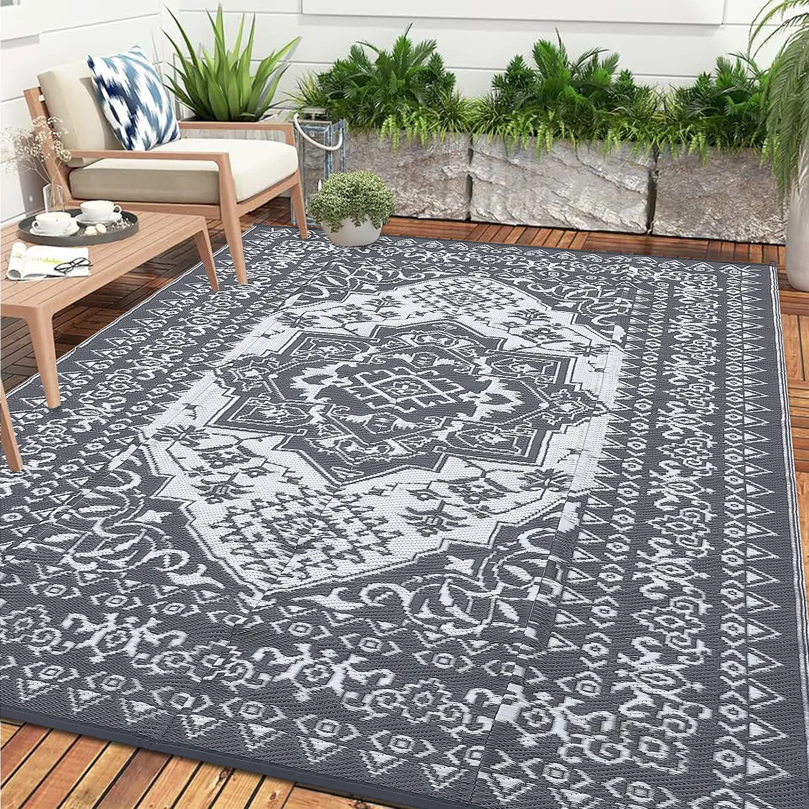 Retro Print Outdoor Rug Double-Sided Garden Decor Large Size Plastic Straw Woven Patio Rug Washable and Foldable for Balconies Beaches Picnics and RVs camping rug