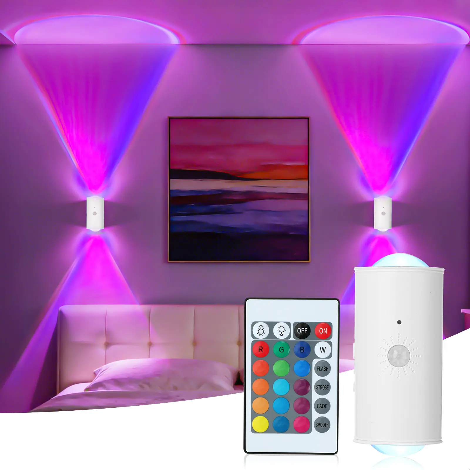 Smart LED Wall Lamp with Motion Sensor - 16 RGB Dynamic Ambient Night Light with Remote, Magnetic & Stick on Design, USB Rechargeable Cordless Projector light, Perfect for Home Decor, Stairs, Hallway, Courtyard Doorway, Sohochic