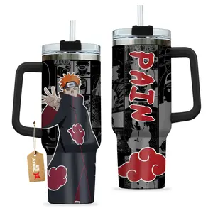 Pain Akatsuki 40oz Tumbler With Handle – Anime Rinnegan Warrior Stainless Steel Cup, Shinra Tensei Graphic Tumbler, Double Wall Iced Coffee Cup, Manga Style Drinkware, Gift For Anime Fans