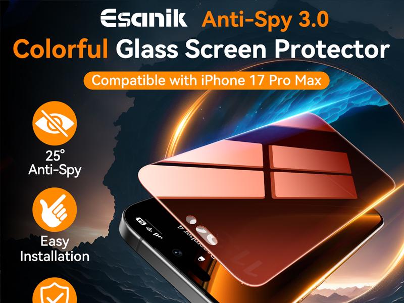 Esanik 2 Pack for iPhone 17 Pro Max Colorful Privacy Screen Protector – Gradient Anti-Spy Tempered Glass, Military-Grade 9H Hardness, Anti-Scratch, Shatterproof, Flawless Fit Tray