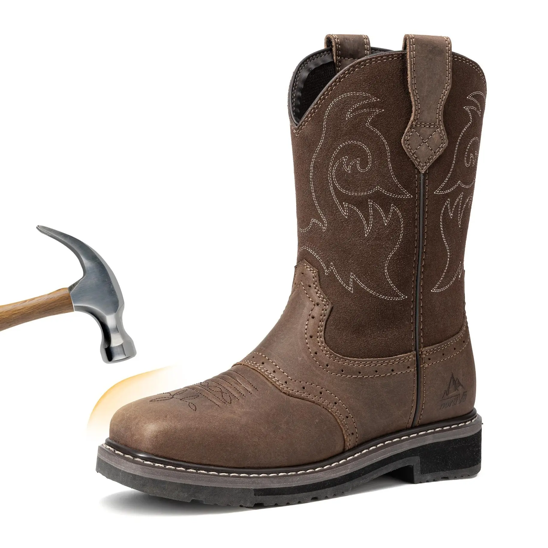 【Back To School】NORTIV 8 Men's Steel Toe Leather Work Boot - Western Square Toe Industrial Worker Footwear, Hazard Protection, Goodyear Welt Construction, Oil-Non Slip Outsole, Non Slip Shoes for Work tiktokshopbacktoschool, Work Shoe