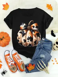 Cow Print Bow Short Sleeve T-Shirt: Cotton loose crewneck, brown-white polka dot cow print design, suitable for summer multiple occasions, machine washable, wrinkle-resistant, versatile;