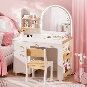 Kids Vanity Table Set with Lighted Mirror & Chair, Wooden Princess Makeup Dressing Table with Large Storage Cabinet, Drawer & Side Bookshelves, 2-in-1 Study Desk Bedroom Furniture for Girls, White