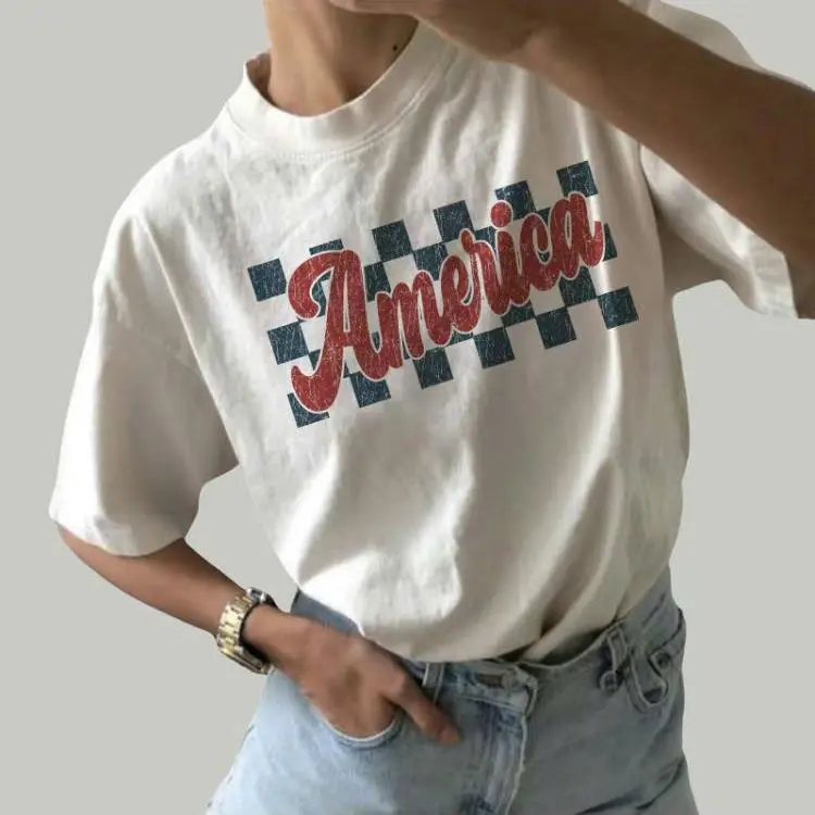 Comfort Colors Retro Checkered America Shirt, Vintage America Shirt For Women, 4th Of July Tee , Checkered America Tee , Patriotic USA T-Shirt Cotton Fabric