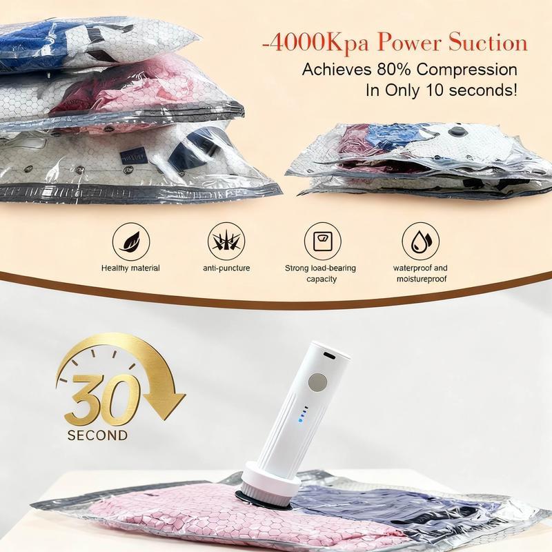 Cordless Travel Vacuum Storage Compression Bag Set 15 Pack -Vacuum Bags for Travel with Rechargeable air Pump，for Luggage and Suitcase, Space Saver for Clothes and Clothing Travel Zipper Pouches（An additional manual air pump is included as a free gift）