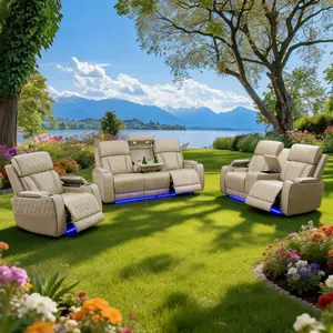 A Ainehome Beige Breathing Leather 3-Piece Living Room Recliner Sofa set