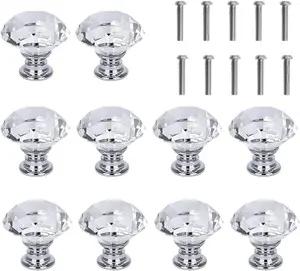 10 Pcs Clear Crystal Glass Cabinet Knobs 30mm Diamond Shape Drawer Kitchen Cabinets Dresser Cupboard Wardrobe Pulls Handles