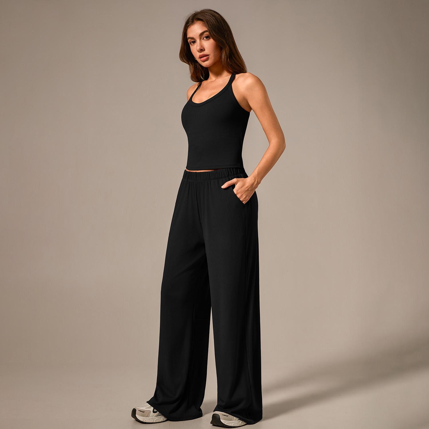 TimeOFF Women's Ribbed Two-Piece Set – Sleeveless Tank Top & Wide-Leg Pants with High Stretch Fabric, Pocket Design & Flexible Fit for Comfortable Movement & Secure Storage, Ideal for Casual Outings, Yoga & Daily Wear